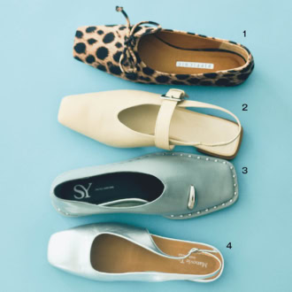 1. なめらかでぬくもりのあるレオパード柄の生地。つま先は薄くてノーズが長いクリーンな形。靴［Ｈ0.5］¥37,400(ピッピシック／ベイジュ) 　2. シャープなスクエアトゥがスタイリッシュ。深めの履き込みと太めのベルトで甲をしっかりホールド。靴［Ｈ1］¥25,300(オデット エ オディール／オデット エ オディール 新宿店) 　3. がっしりしたトゥで足元に強さを投入。メタルパーツとスタッズが個性的。靴［Ｈ1.5］¥14,960(シー ユナイテッドアローズ／ユナイテッドアローズ カスタマーサービスデスク) 　4. コーデのポイントになるシルバー。トゥが長すぎないプレーンなデザイン。靴［Ｈ1］¥33,000(マノヴィエ トスカーネ／シップス インフォメーションセンター)