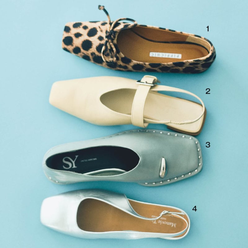 1. なめらかでぬくもりのあるレオパード柄の生地。つま先は薄くてノーズが長いクリーンな形。靴［Ｈ0.5］¥37,400(ピッピシック／ベイジュ) 　2. シャープなスクエアトゥがスタイリッシュ。深めの履き込みと太めのベルトで甲をしっかりホールド。靴［Ｈ1］¥25,300(オデット エ オディール／オデット エ オディール 新宿店) 　3. がっしりしたトゥで足元に強さを投入。メタルパーツとスタッズが個性的。靴［Ｈ1.5］¥14,960(シー ユナイテッドアローズ／ユナイテッドアローズ カスタマーサービスデスク) 　4. コーデのポイントになるシルバー。トゥが長すぎないプレーンなデザイン。靴［Ｈ1］¥33,000(マノヴィエ トスカーネ／シップス インフォメーションセンター)