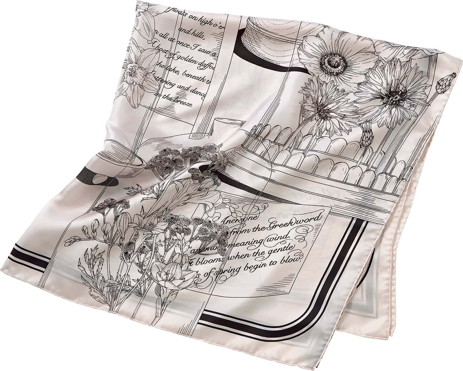 繊細な線画タッチでクラシカルに装える。スカーフ￥22,000（マニプリ）