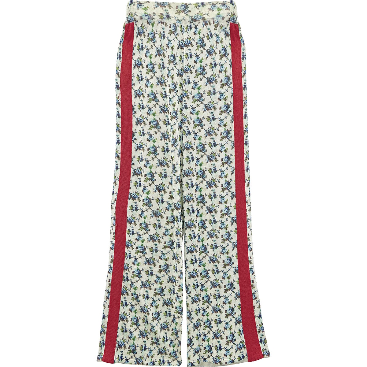 柔らかな花柄ニットパンツにサイドラインでピリッとエッジを効かせて。ニットパンツ￥42,900（オープン セサミ クラブ）