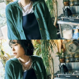 ニットシャツ¥16,500、スクエアタンク¥6,600、Uネックタンク¥6,600（すべてジャーナル スタンダード）、中に着たTシャツ¥13,200（ケラウズランブラ）、ネックレス¥24,200（フィリップ オーディベール／すべてジャーナル スタンダード 自由が丘店）