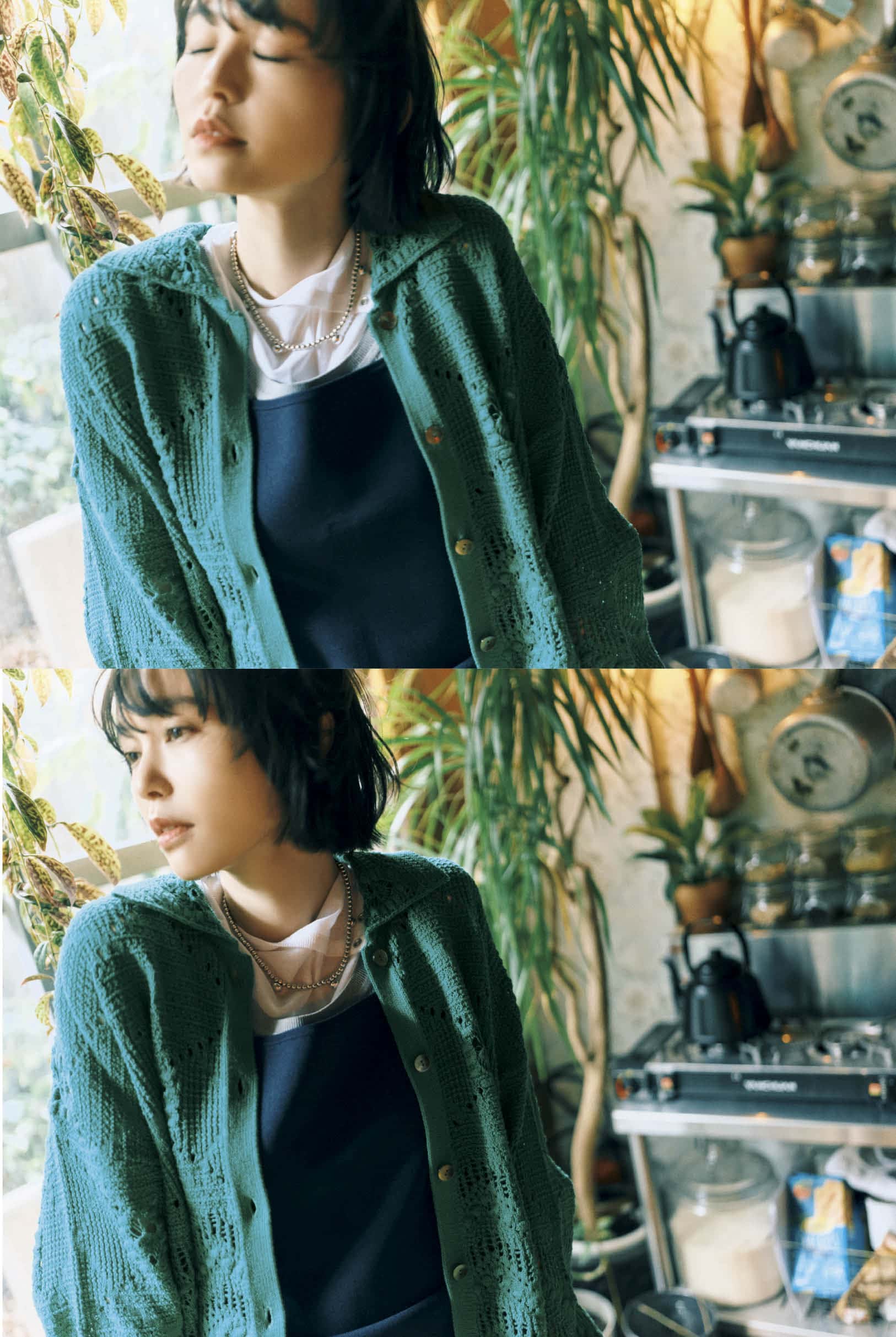 ニットシャツ¥16,500、スクエアタンク¥6,600、Uネックタンク¥6,600（すべてジャーナル スタンダード）、中に着たTシャツ¥13,200（ケラウズランブラ）、ネックレス¥24,200（フィリップ オーディベール／すべてジャーナル スタンダード 自由が丘店）