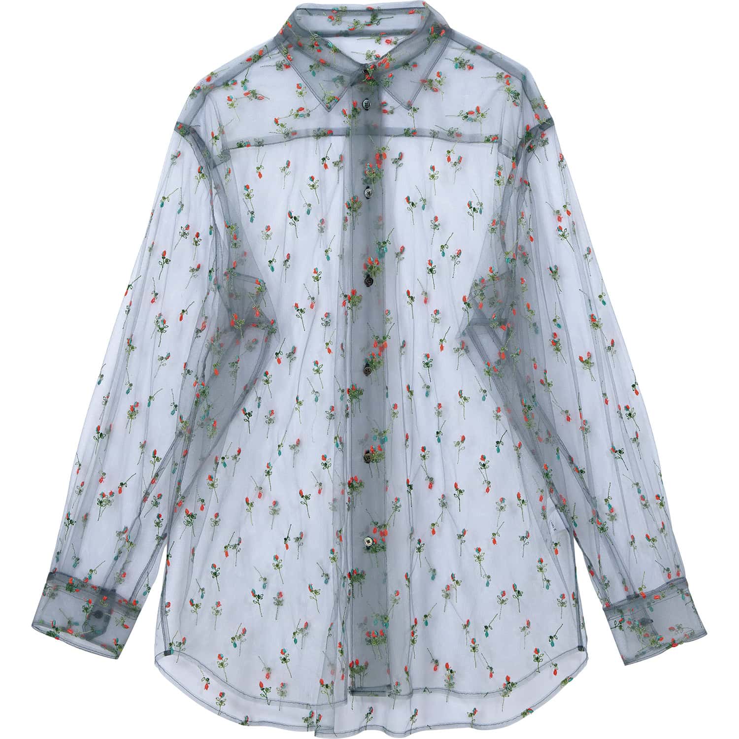 ちりばめられた小花柄刺繍と透けチュールがロマンティック。シャツタイプならハンサムな雰囲気も。シャツ￥52,800（ロエフ／エイチ ビューティー&ユース）