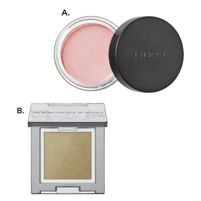 A.グラムトーンカラーカスタード 09（THREE）　B.シングル アイシャドウ ネイキッドシアー 103N Through the Filter（アディクション ビューティ・限定）
