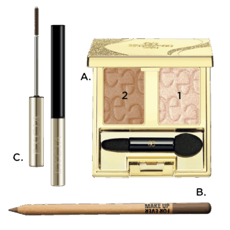 A.アルモニーアイズ 11（エレガンス コスメティックス）　B.目アーティストカラーペンシル 508（メイクアップフォーエバー）　C.エクシア グランフォルテ マスカラ BR20（アルビオン）