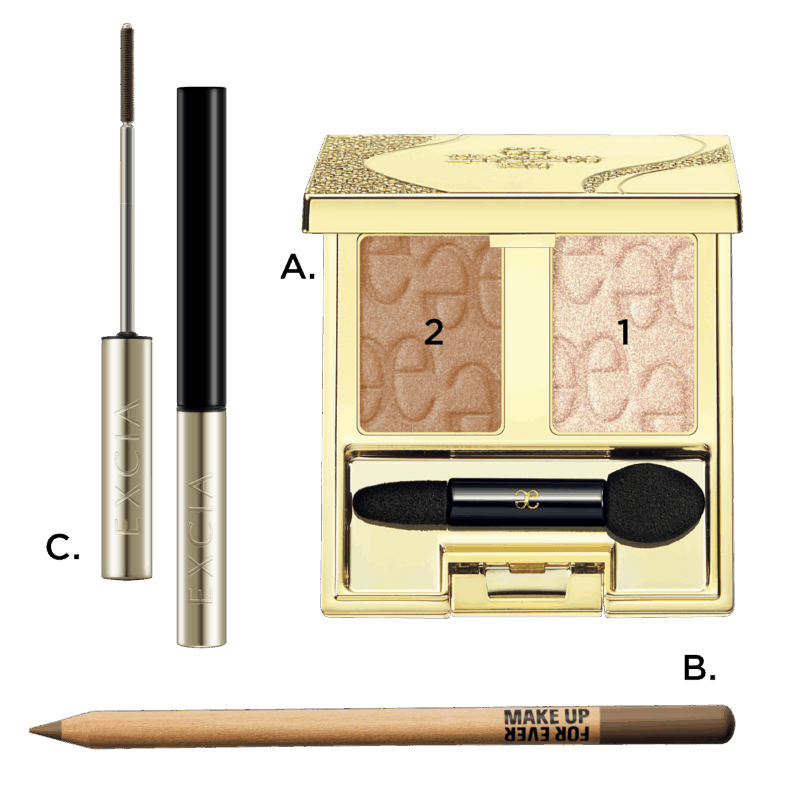 A.アルモニーアイズ 11（エレガンス コスメティックス）　B.目アーティストカラーペンシル 508（メイクアップフォーエバー）　C.エクシア グランフォルテ マスカラ BR20（アルビオン）