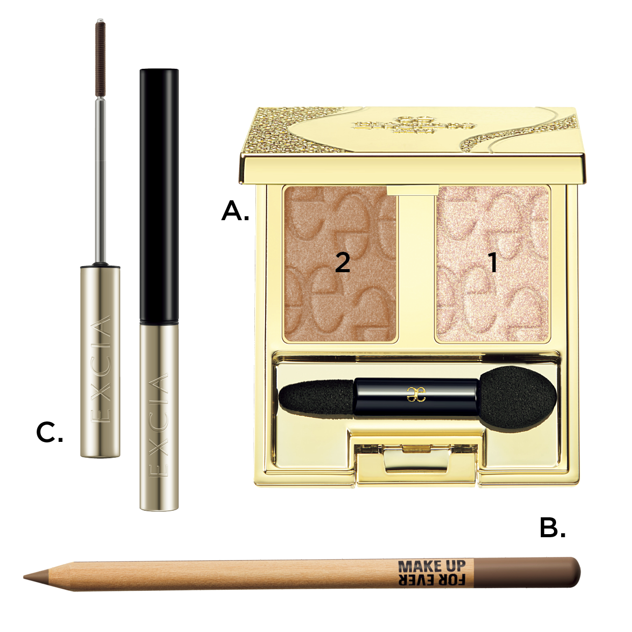 A.アルモニーアイズ 11（エレガンス コスメティックス）　B.目アーティストカラーペンシル 508（メイクアップフォーエバー）　C.エクシア グランフォルテ マスカラ BR20（アルビオン）