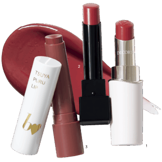 1.ルージュデコルテ ティント ＆ プランプ 02（コスメデコルテ）　2ケイト リップモンスター 20（カネボウ化粧品）　3.ビー アイドル つやぷるリップ R 106（かならぼ）