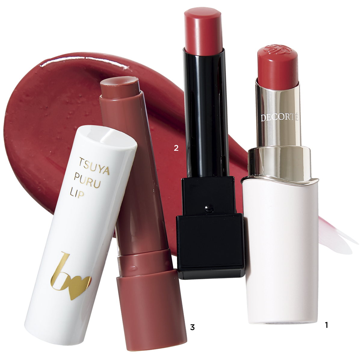1.ルージュデコルテ ティント ＆ プランプ 02（コスメデコルテ）　2ケイト リップモンスター 20（カネボウ化粧品）　3.ビー アイドル つやぷるリップ R 106（かならぼ）
