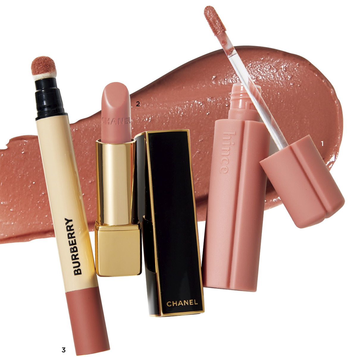 1.ニュー・ブラーティント 01（hince）　2.ルージュ アリュール ヴェルヴェット ランデヴー 478（シャネル・限定）　3.ブリット マット リップ ヴェール 601（バーバリー ビューティ）