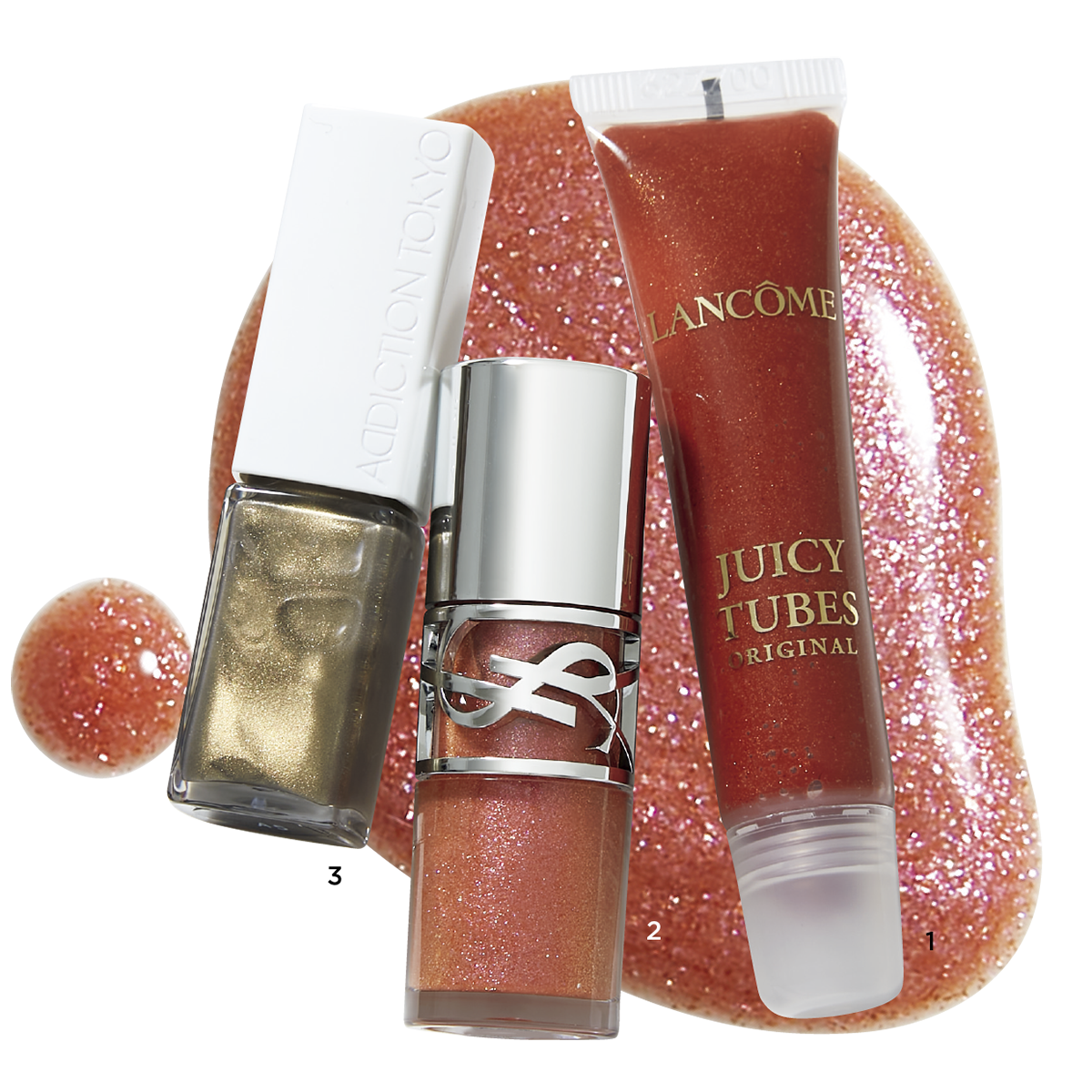 1.ジューシー チューブ 16（ランコム）　2.YSL ラブシャイン グロスプランパー 12（イヴ・サンローラン・ボーテ）　3.ザ リップグロス 008 Jade Serenity（アディクション ビューティ）