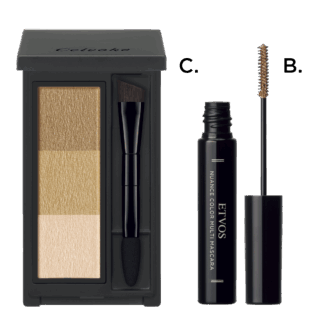 B.ニュアンスカラーマルチマスカラ ベーシックブラウン（エトヴォス）　C.インディケイト アイブロウパウダー 12（セルヴォーク）