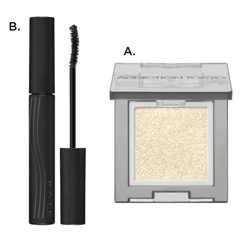 A.ザ シングル アイシャドウ スパークル 101SP Street Mirage（アディクション ビューティ・限定）　B.ケイト ナミダノタテマスカラ（ロング）（カネボウ化粧品）