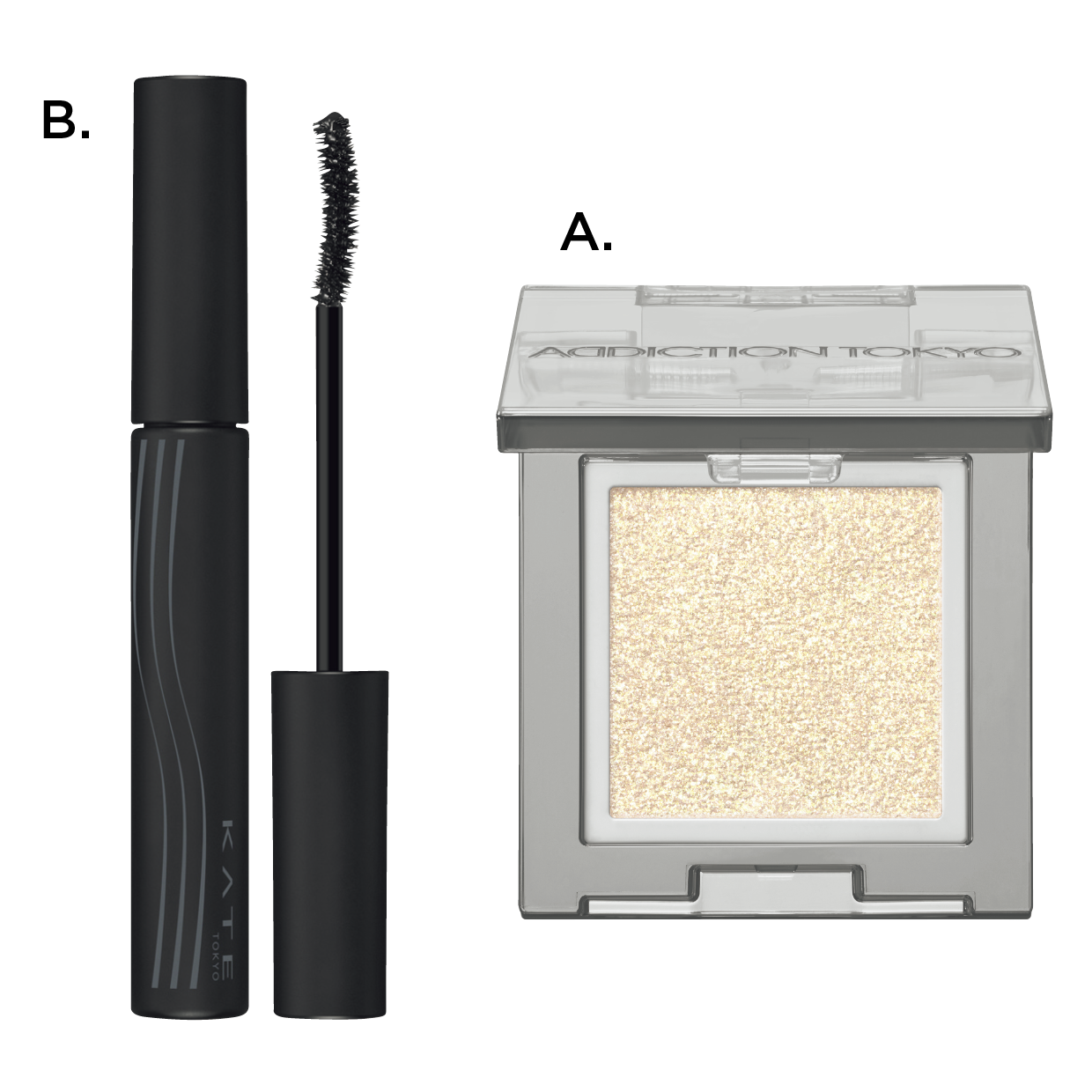 A.ザ シングル アイシャドウ スパークル 101SP Street Mirage（アディクション ビューティ・限定）　B.ケイト ナミダノタテマスカラ（ロング）（カネボウ化粧品）