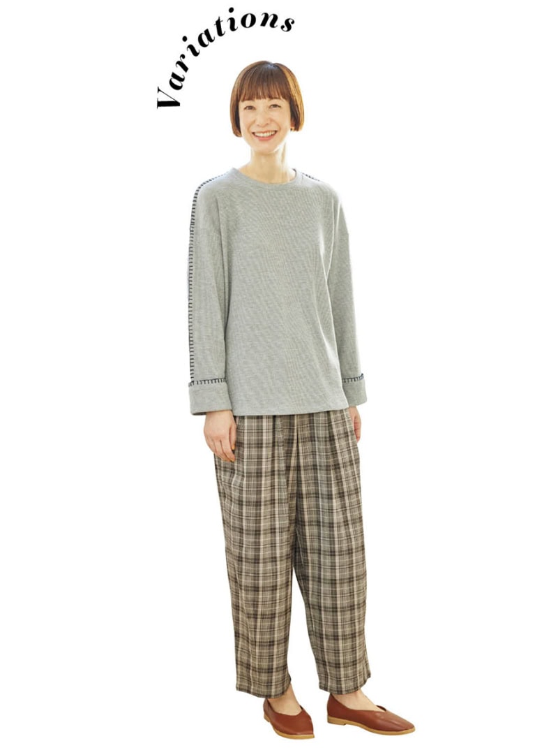 パンツ¥2,420、プルオーバー¥1,419（シーズン リーズン バイ リン アンド レッド／しまむら）　靴（しまむら参考商品）