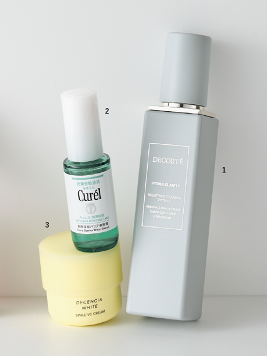 1.イドラクラリティ　薬用 ブライトニング トリートメント ソフナー［医薬部外品］（コスメデコルテ）　2.潤浸保湿 角層深部バリア美容液 ［医薬部外品］（花王）　3.ディセンシアホワイトスパイク―VC　クリーム［医薬部外品］（ディセンシア）