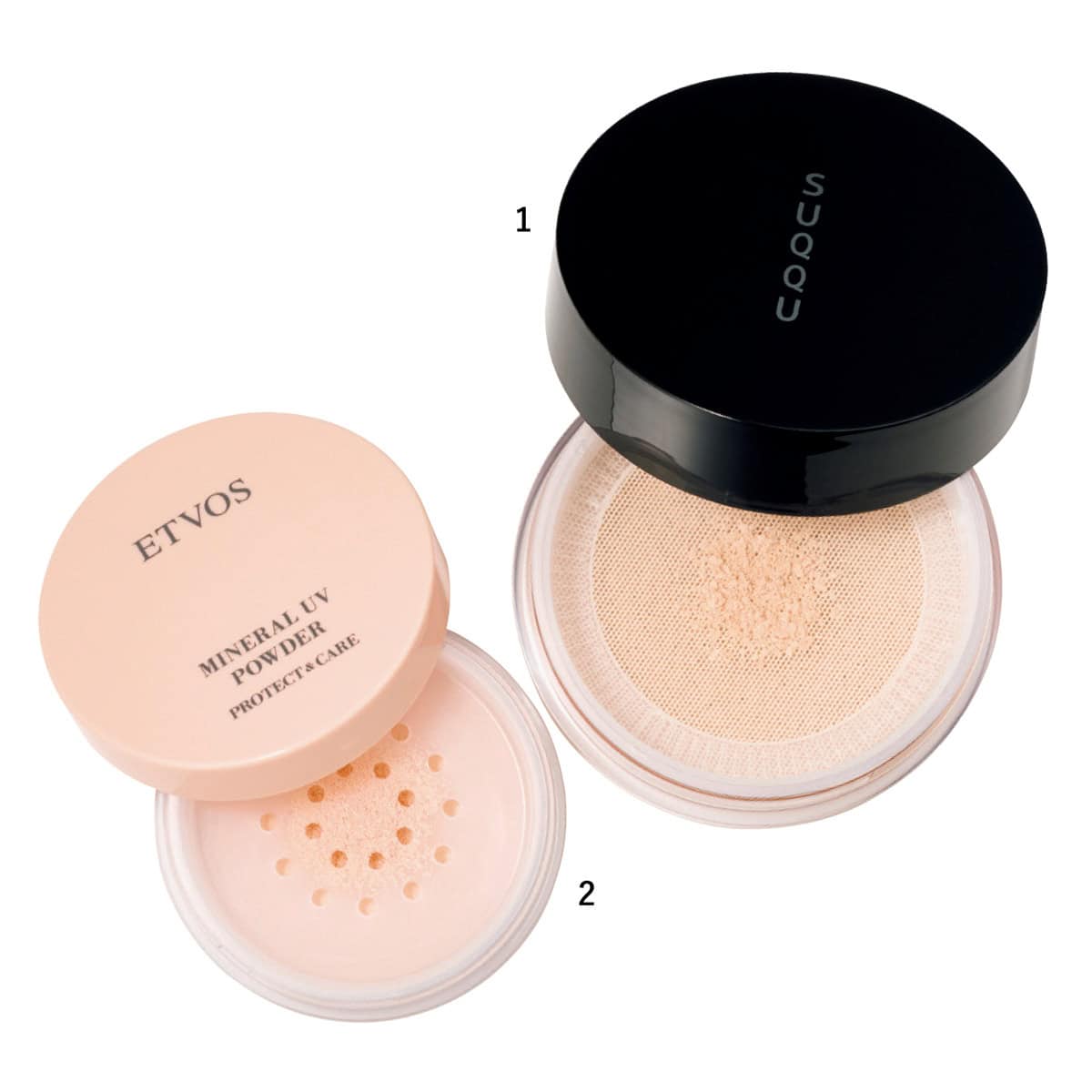 1.スック オイル リッチ グロウ ルース パウダー e（スック）　2.ミネラルUVパウダーAZ ピンクベージュSPF50・PA＋＋＋＋（エトヴォス）