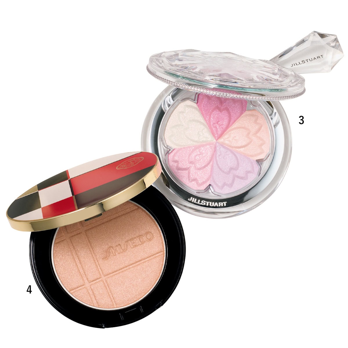 3.サクラブーケ　ブルーム ミックスハイライト コンパクト 103（ジルスチュアート　ビューティ）　4.SHISEIDO カラー＋グロウ エンハンサー 02（SHISEIDO）