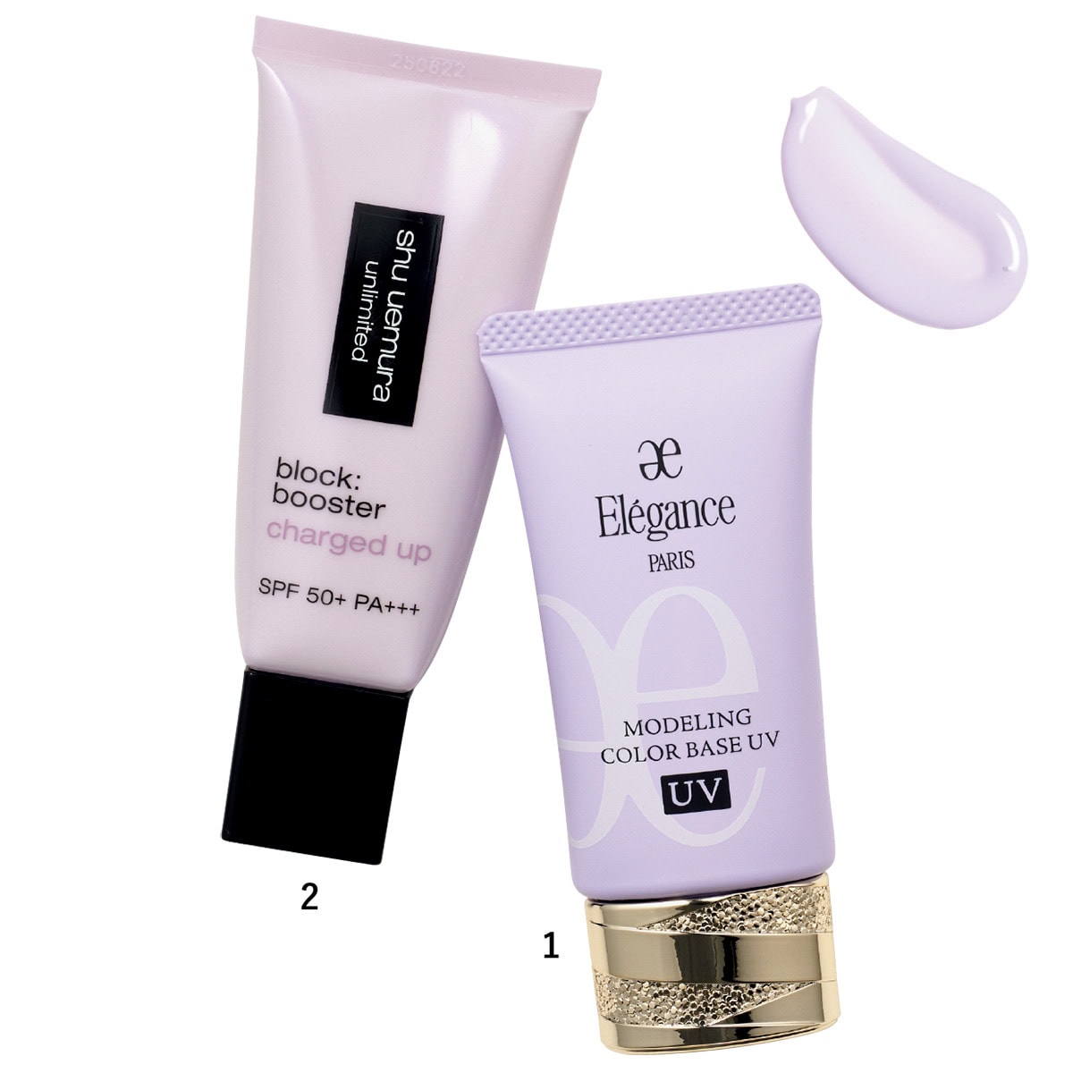 1.モデリング カラーベース UV LV660 SPF40・PA＋＋＋（エレガンス コスメティックス）　2.アンリミテッド ブロック:ブースター アドバンスト アイシー モーヴ SPF50＋・PA＋＋＋（シュウ ウエムラ）