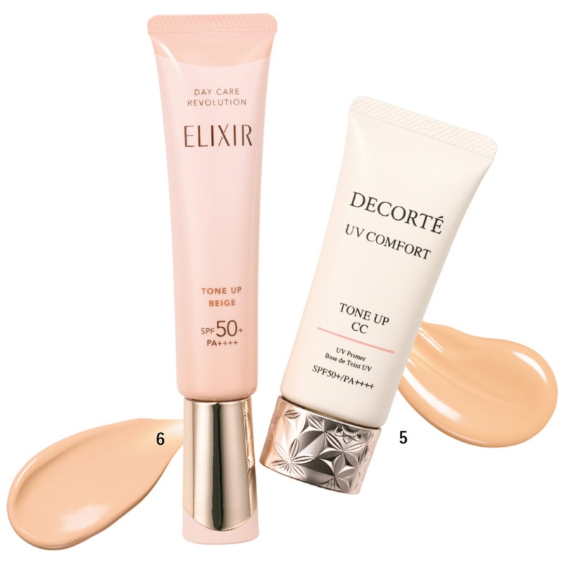 5.UV コンフォート トーンアップCC 02 SPF50＋・PA＋＋＋＋（コスメデコルテ）　6.エリクシール デーケアレボリューション トーンアップ BE ＋ ca SPF50＋・PA＋＋＋＋（エリクシール）