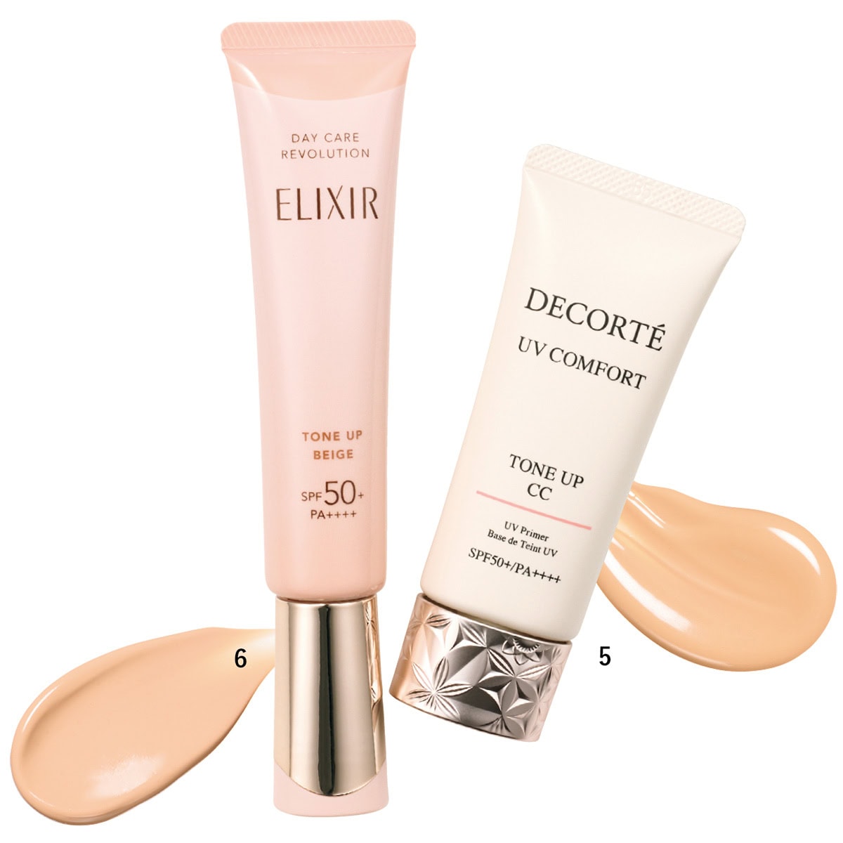 5.UV コンフォート トーンアップCC 02 SPF50＋・PA＋＋＋＋（コスメデコルテ）　6.エリクシール デーケアレボリューション トーンアップ BE ＋ ca SPF50＋・PA＋＋＋＋（エリクシール）