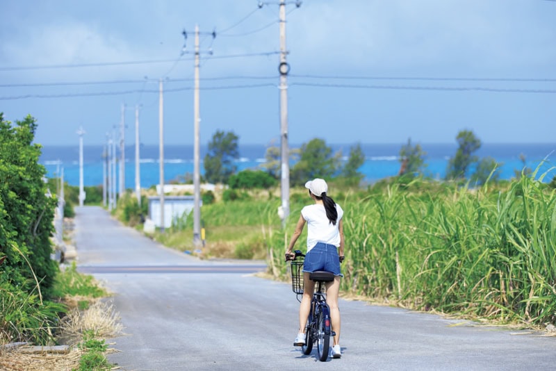 海の見える沖縄の道、レンタサイクルに乗った女性