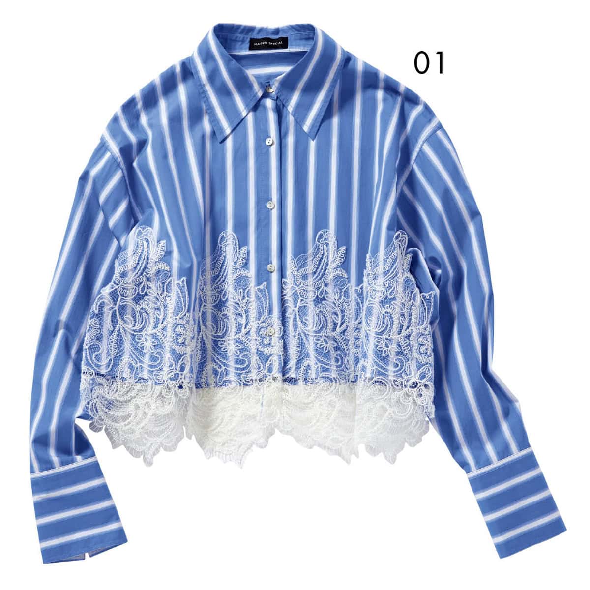 01_きちんと感をキープできるハリのある素材のストライプ柄。シャツ￥19,800（メゾンスペシャル／メゾンスペシャル 青山店）