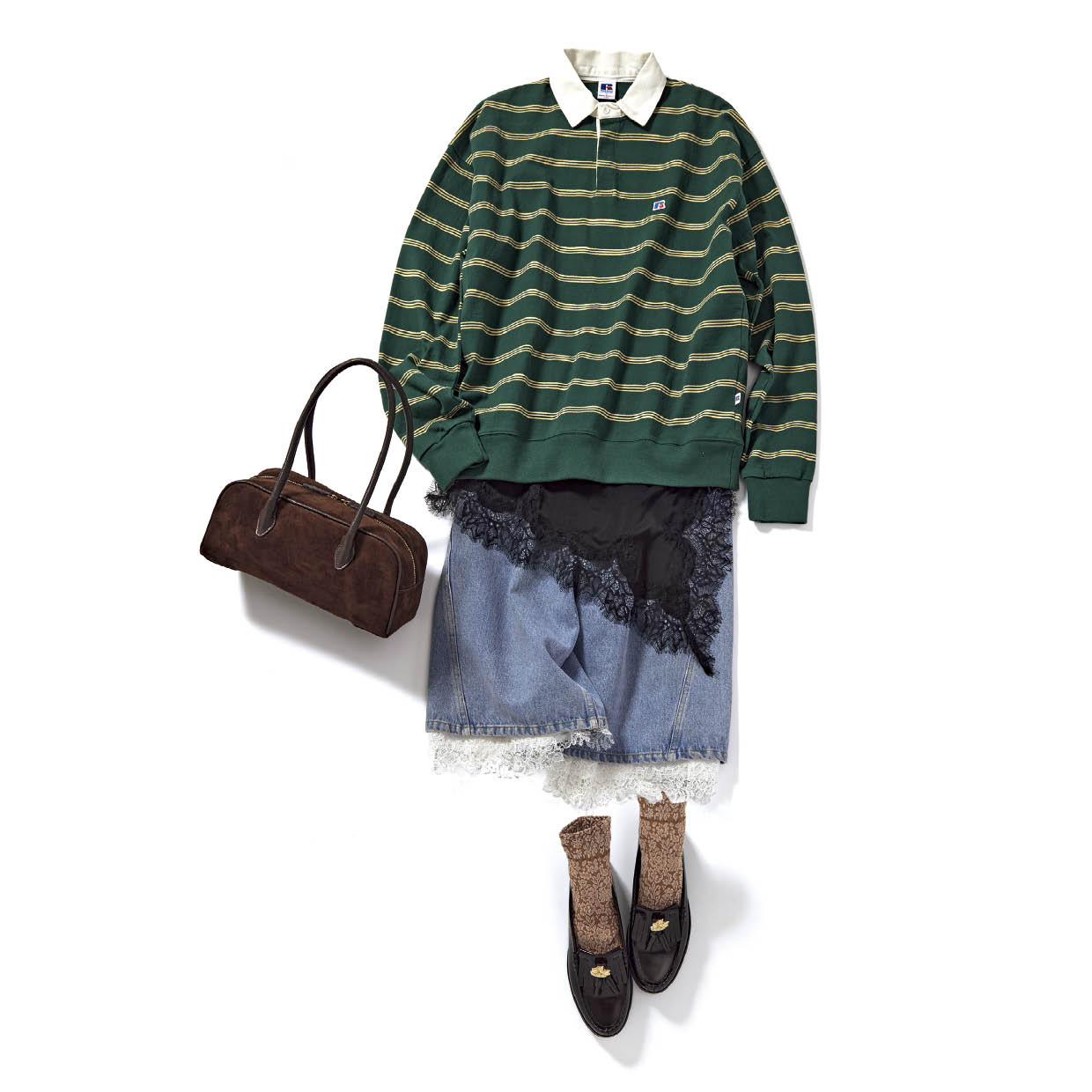 ラガーシャツ¥9,350(ラッセルアスレティック/グレースインターナショナル) レースドッキングTシャツ¥5,290(ザラ/ザラ カスタマーサービス) レイヤードデニムショートパンツ¥18,920(メゾンスペシャル/メゾンスペシャル 青山店) バッグ¥10,450(ヴェレット/セムインターナショナル) ソックス¥1,430(タビオ) ローファー¥25,300(シーロン)