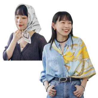 スカーフを使った、真知子巻き、シャツ巻き