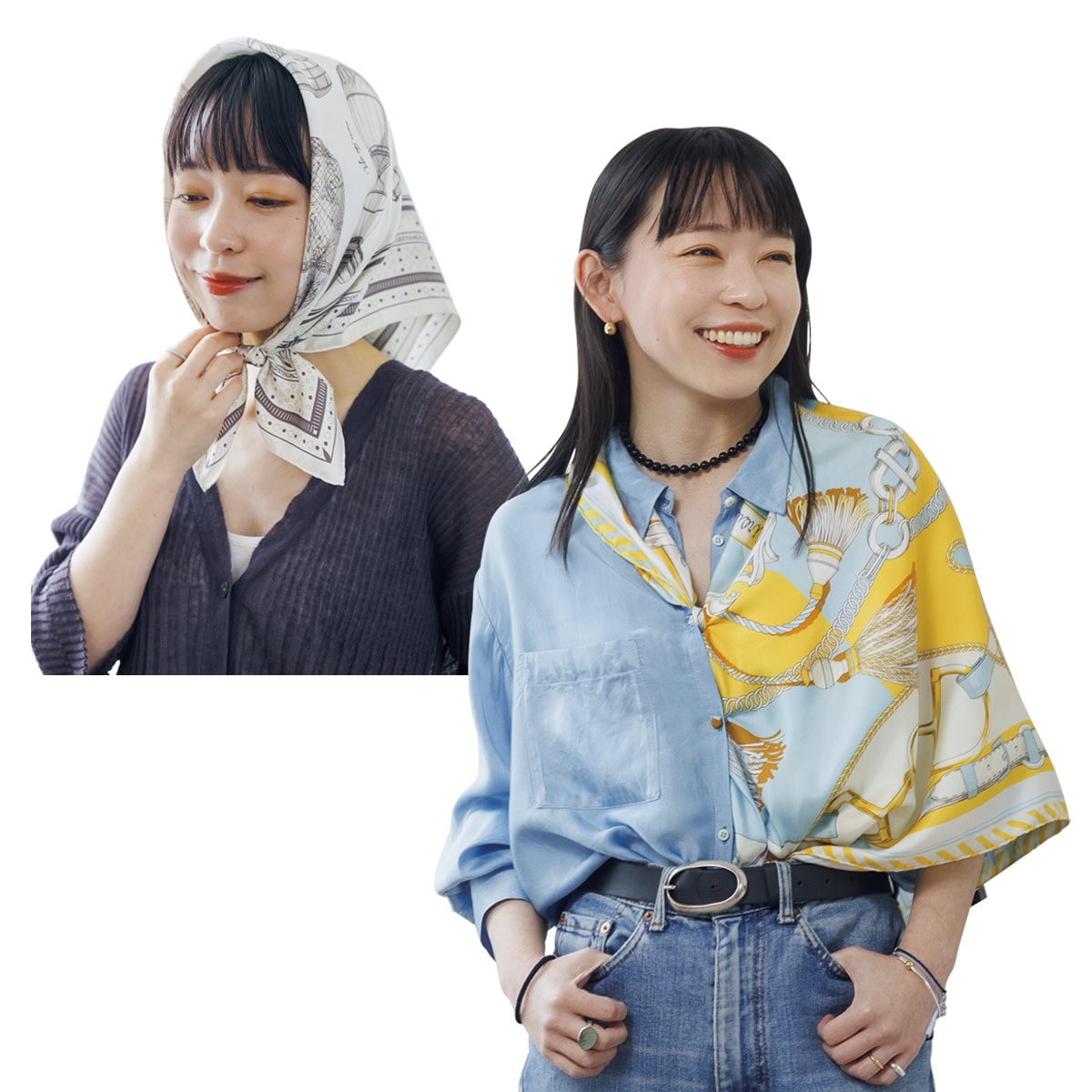 スカーフを使った、真知子巻き、シャツ巻き