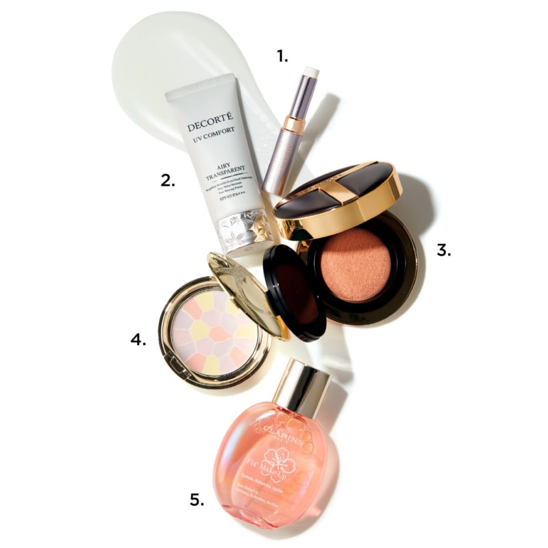 1.アルビオン スタジオ ポアカバー パウダースティック(アルビオン) 2.UV コンフォート エアリー トランスペアレント SPF45・PA+++ UV耐水性★★(コスメデコルテ) 3.アーキテクチャー ラディアンス ハイドレーティング クッション ファンデーション SPF 50 SPF50・PA+++(トム フォード ビューティ) 4.ラ プードル オートニュアンス Ⅸ(エレガンス コスメティックス) 5.フィックス メイクアップ NFB(クラランス)