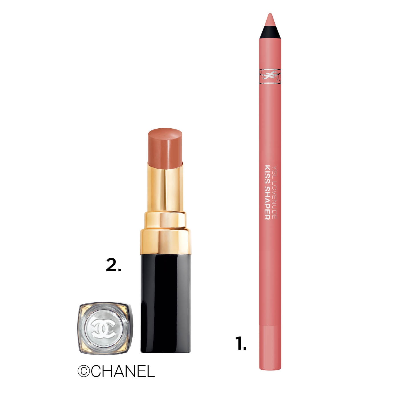 1.YSL ラブヌード リップ シェイパー 44（イヴ・サンローラン・ボーテ）　2.ルージュ ココ フラッシュ 280（シャネル）