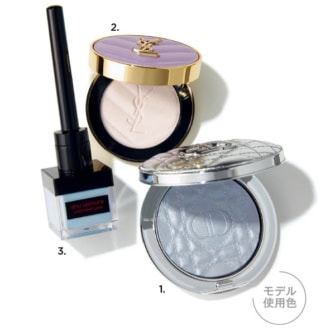 1.ディオールスキン フォーエヴァー グロウ ルミナイザー 05（パルファン・クリスチャン・ディオール）　2.YSL メイクミーブラッシュ パウダー 69（イヴ・サンローラン・ボーテ）　3.アンリミテッド ケア ツヤ ドロップ アオタケブルー（シュウ ウエムラ）