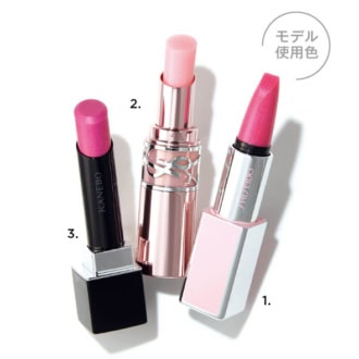 1.テクノサテン ジェル　リップスティック LE02（SHISEIDO）　2.YSL ラブシャイン キャンディ グロウ バーム 0B（イヴ・サンローラン・ボーテ）　3.カネボウ ルージュスターヴァイブラント EX15（カネボウインターナショナルDiv.）