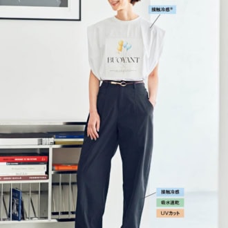 Tシャツ¥1,089、パンツ¥2,189（ともにシーズン リーズン バイ リン アンド レッド）、ベルト、サンダル（参考商品／すべてしまむら）