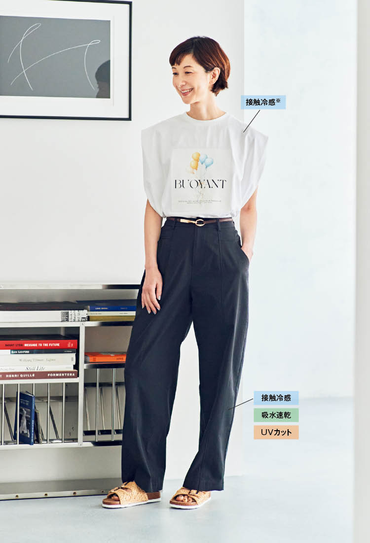 Tシャツ¥1,089、パンツ¥2,189(ともにシーズン リーズン バイ リン アンド レッド)、ベルト、サンダル(参考商品/すべてしまむら)