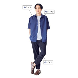 3点セット［Tシャツ+シャツ+パンツ］¥2,200（シーズン リーズン バイ リン アンド レッド／しまむら）　靴（スタイリスト私物）
