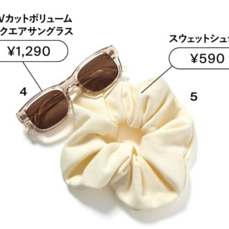 4_夏らしいクリア素材に太めのフレームで顔周りを華やかに演出。サングラス、5_ボリュームのある甘めのシュシュはスウェット素材でカジュアルにもマッチ。シュシュ(すべてジーユー)