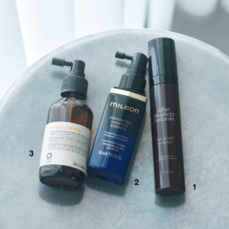1_ 薬用 ヘアグロースエッセンス［医薬部外品］（ジョンマスターオーガニック）　2_ミルボン エンハンシング ビバシティ エッセンス［医薬部外品］（ミルボン）　3_オーウェイ ヘアロスレメディ（アラミック）