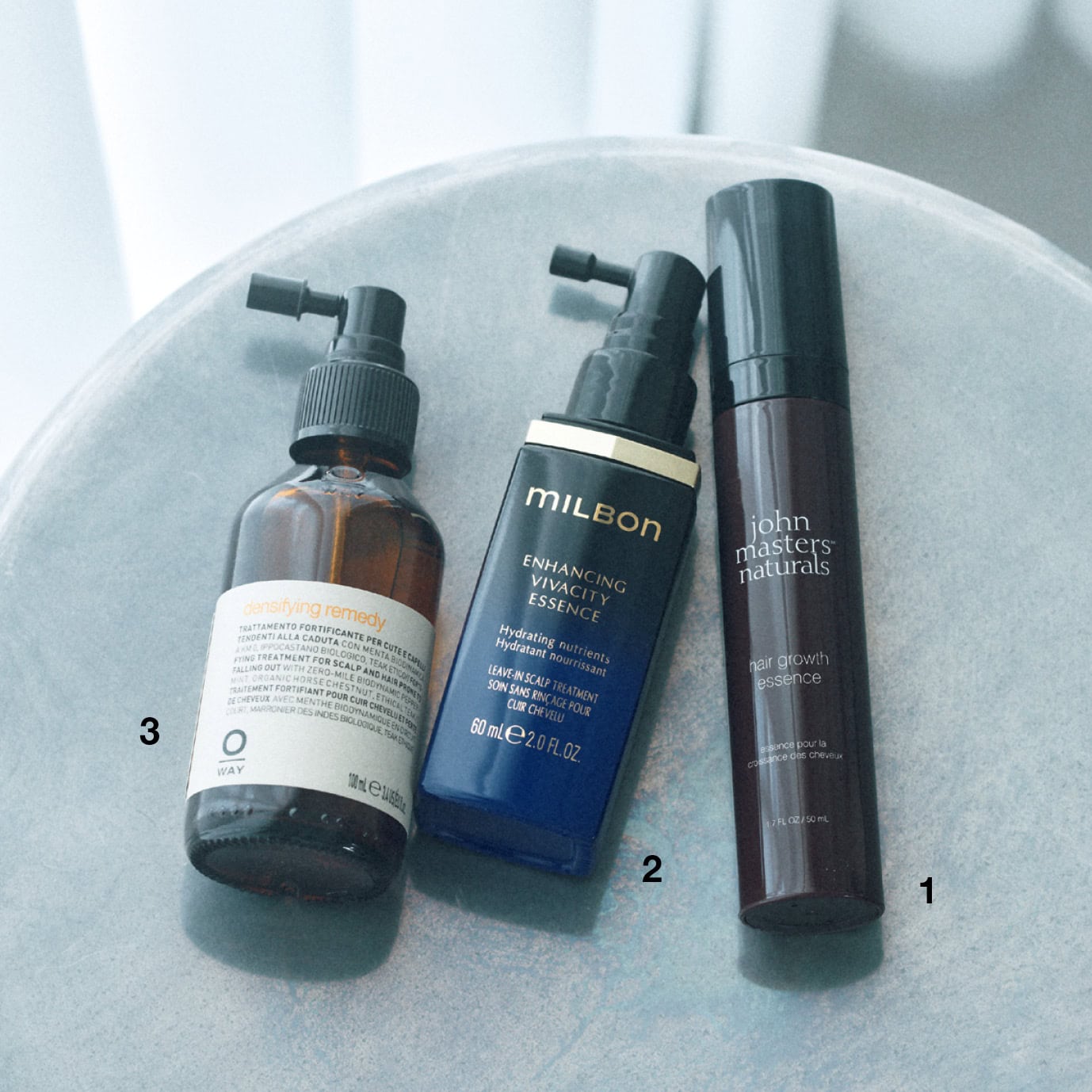 1_ 薬用 ヘアグロースエッセンス［医薬部外品］（ジョンマスターオーガニック）　2_ミルボン エンハンシング ビバシティ エッセンス［医薬部外品］（ミルボン）　3_オーウェイ ヘアロスレメディ（アラミック）
