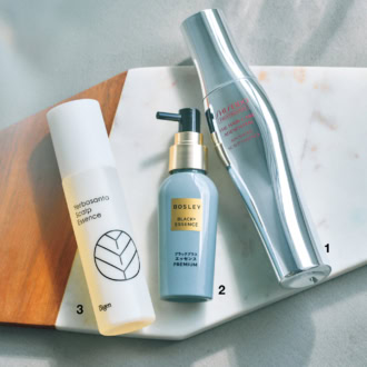 1_ザ・ヘアケア アデノバイタル アドバンスト スカルプエッセンス［医薬部外品］（資生堂プロフェッショナル）　2_ボズレー ブラックプラス エッセンス プレミアム（ネイチャーラボ）　3_ビゲン スキャルプエッセンス（ホーユー）
