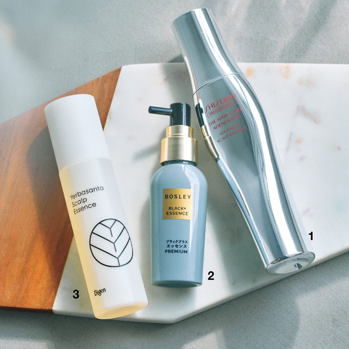 1_ザ・ヘアケア アデノバイタル アドバンスト スカルプエッセンス［医薬部外品］（資生堂プロフェッショナル）　2_ボズレー ブラックプラス エッセンス プレミアム（ネイチャーラボ）　3_ビゲン スキャルプエッセンス（ホーユー）