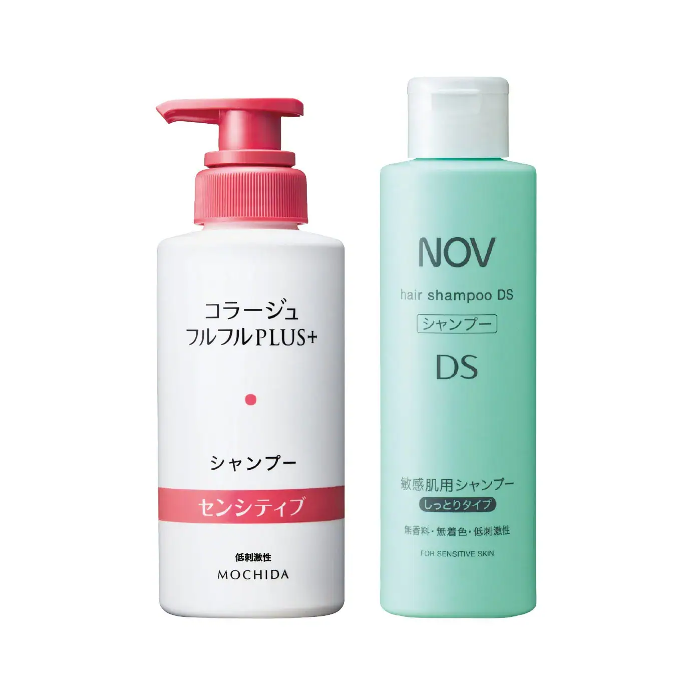 右_ノブ ヘアシャンプー DS 250mL ¥1,760（常盤薬品工業）　左_コラージュフルフルプラス センシティブシャンプー （持田ヘルスケア）