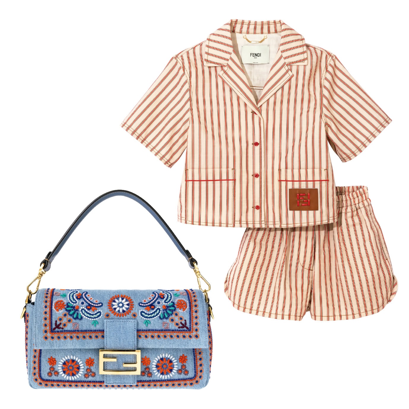 「ガラスビーズとスパンコールの刺しゅうがきれい♡」（K）バッグ［H15×W27×D6］￥596,200（フェンディ／フェンディ ジャパン） ボクシーなフォルムが心地いいデニムセットアップ。「FF」ロゴ入りのレザーパッチがアクセント。シャツ￥243,100、ショートパンツ￥154,000（ともにフェンディ／フェンディ ジャパン）
