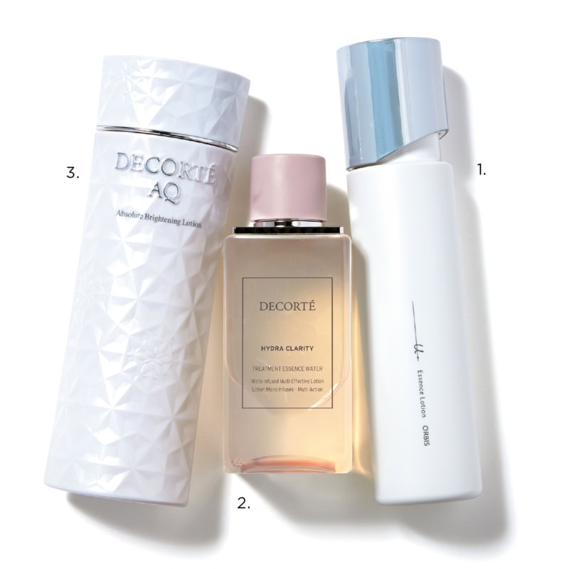 1_「オルビスユー ドット エッセンスローション（オルビス） 2_イドラクラリティ 薬用 トリートメント エッセンス ウォーター、3_AQ アブソリュート ローション ブライト（ともにコスメデコルテ）