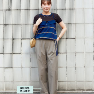 Tシャツ¥14,300(グッド ピープル グッド ステッチング グッド プロダクト × シップス)、キャミソール¥19,800(クリンクル クリンクル クリンクル×シップス)、パンツ ¥22,000(ワイ)、サンダル¥15,400(ニコラス ライナス/すべてシップス インフォメーションセンター)