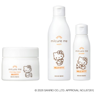 （左）ミルキュア ミー クレンジングクリーム KT 100g ¥2,750、（右）ミルキュア ミー ウォッシュKT 250mL、ミルキュア ミー パウダーKT 50gセットで¥4,180（すべてハウス オブ ローゼ／ハウス オブ ローゼお客様相談室）※数量限定