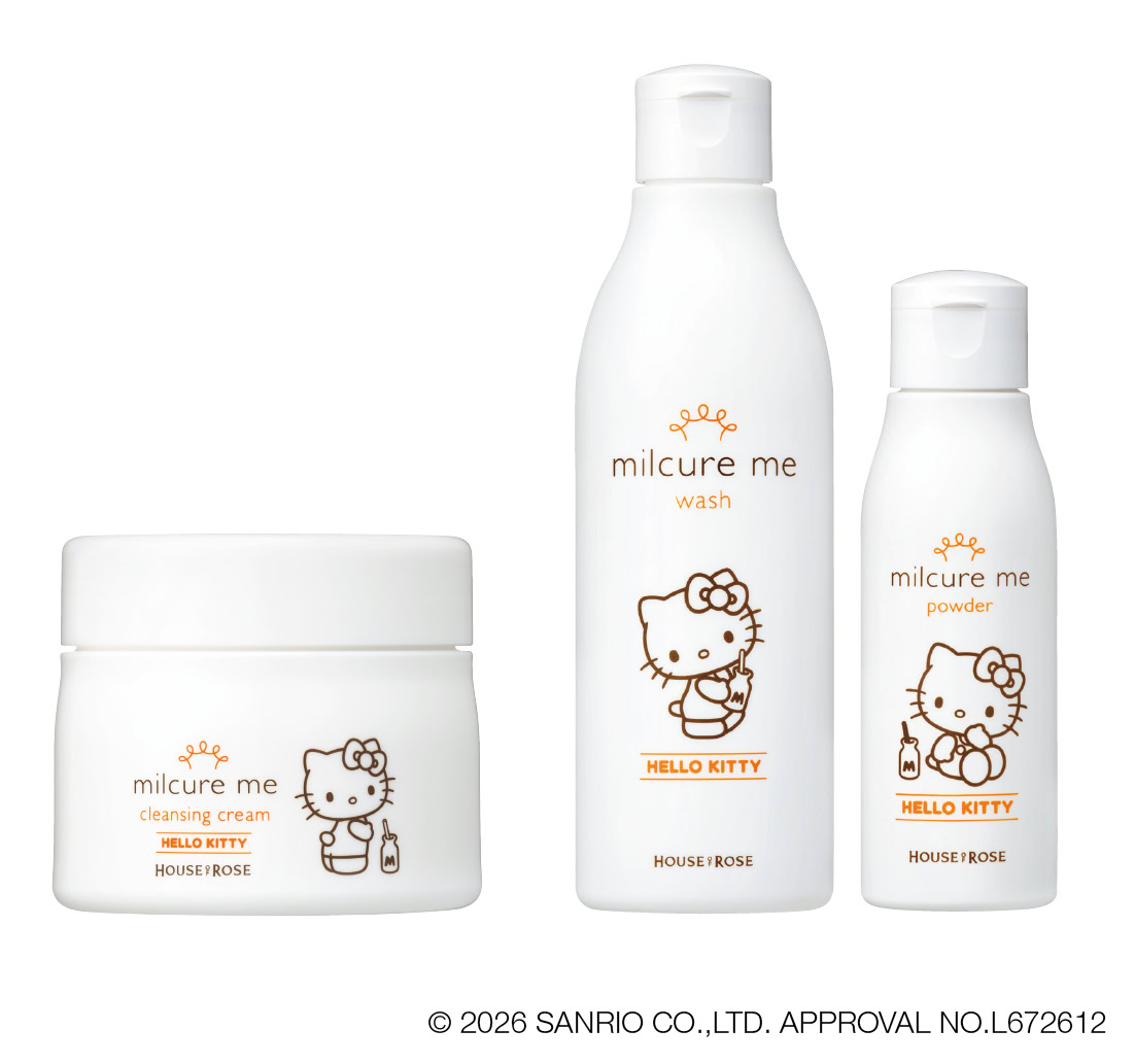 （左）ミルキュア ミー クレンジングクリーム KT 100g ¥2,750、（右）ミルキュア ミー ウォッシュKT 250mL、ミルキュア ミー パウダーKT 50gセットで¥4,180（すべてハウス オブ ローゼ／ハウス オブ ローゼお客様相談室）※数量限定